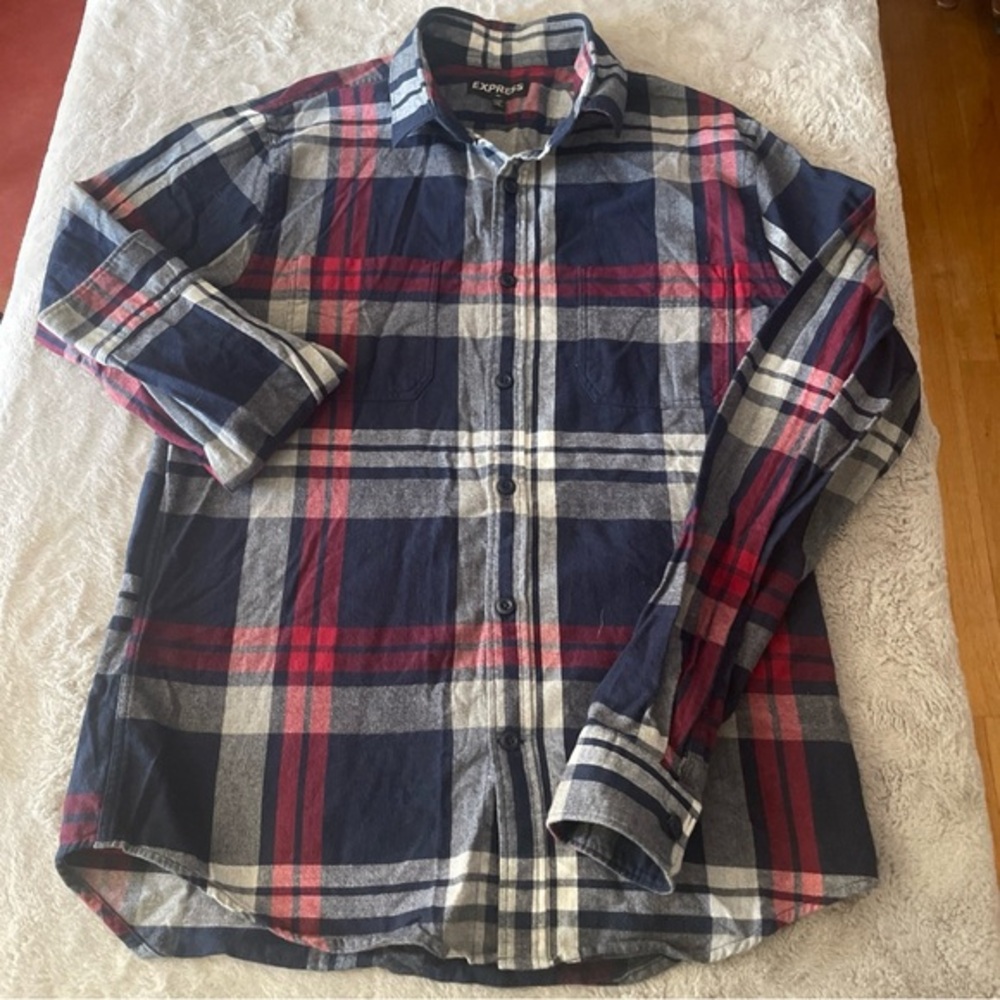 Express Men's Plaid Shirt - Navy and Red size medium flannel